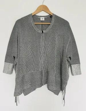 CABI Zip Sweater Jacket Sz S Black/White Stripe Heavy Knit Tie Side Boxy Cropped