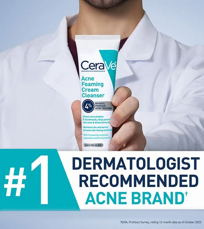 CeraVe Acne Foaming Cleanser with 4% Benzoyl Peroxide & Niacinamide, Remove Excess Oil & Dirt - 150Ml
