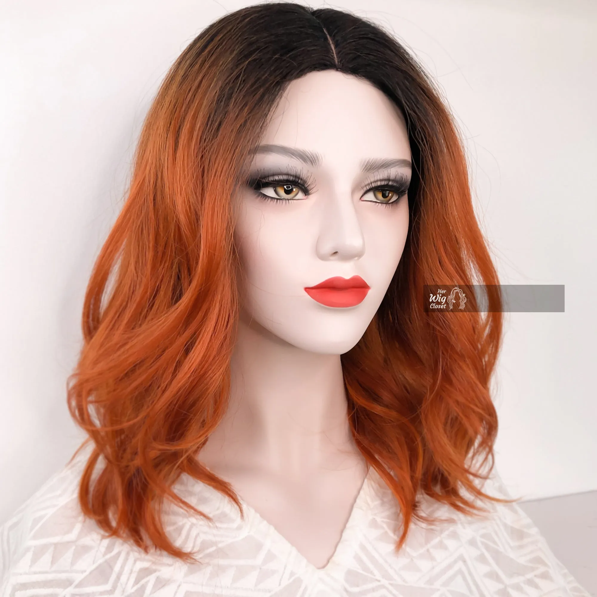Dark Brown Ginger Red Ombre Wavy Lace Wig 12" | Primrose
