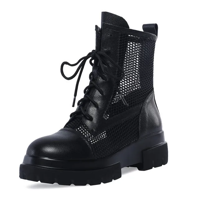 new ankle boots for women round toe lace up mesh genuine leather shoes platform summer women boots big size 34-42