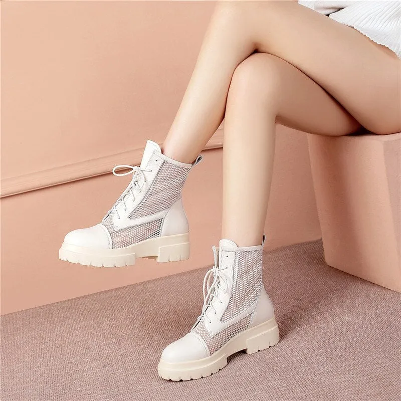 new ankle boots for women round toe lace up mesh genuine leather shoes platform summer women boots big size 34-42