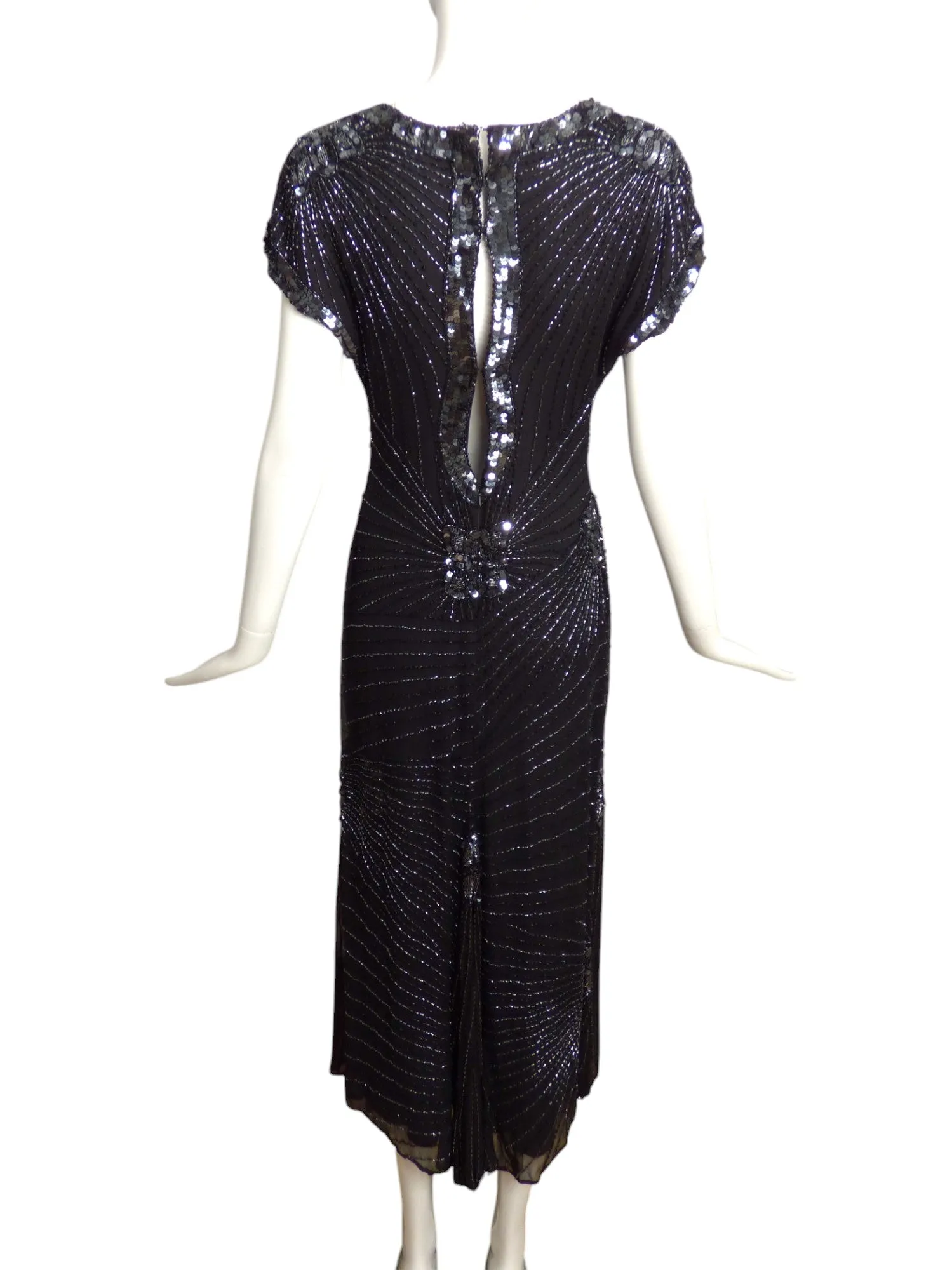 OLEG CASSINI- 1980s Black Beaded Chiffon Gown, Size 4