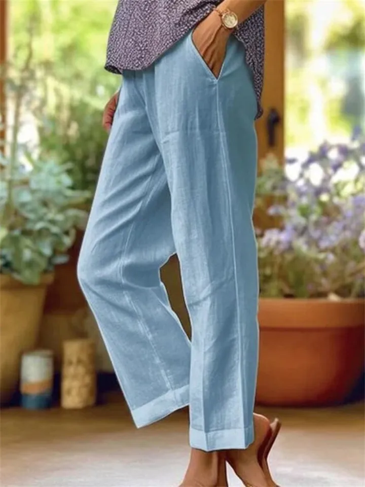Plain Comfortable Linen Blend Summer Pants for Women