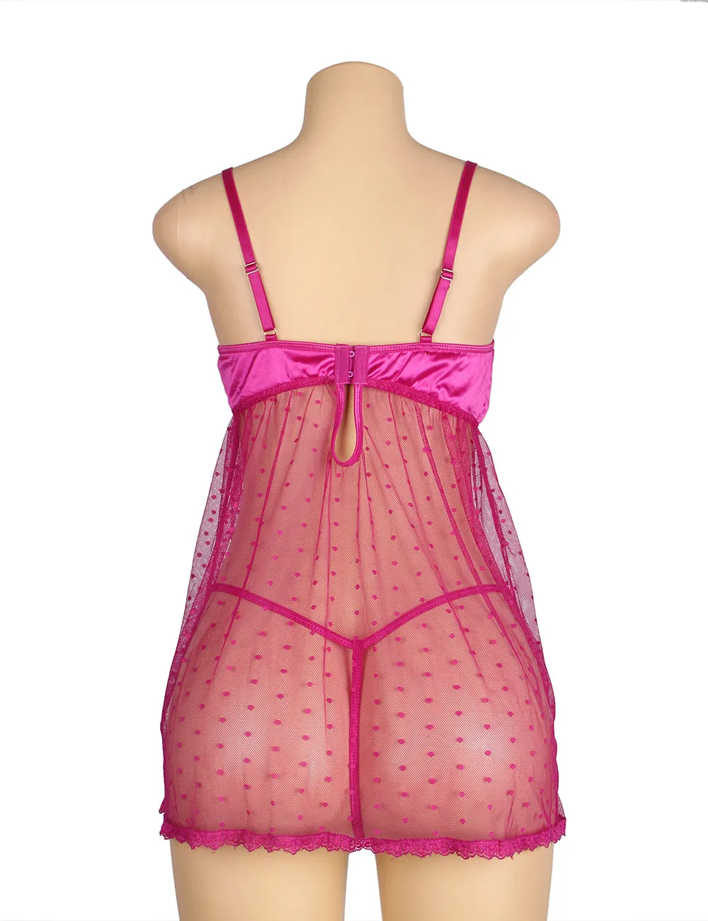 Purple Open Front Dot Patterns Comfortable Egypt Mesh Babydoll