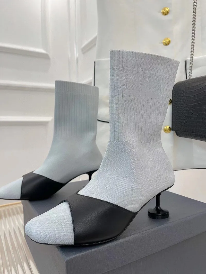 Solid Color Knit Women Boots High Heel Genuine Leather High Heel